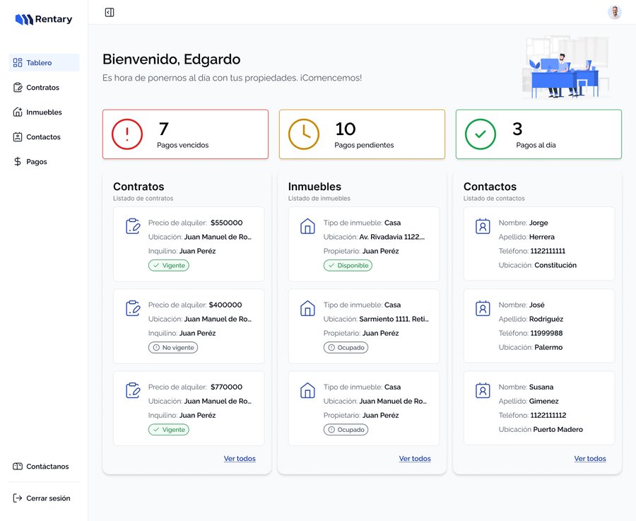 Dashboard de Rentary mostrando pagos vencidos, pendientes y al día