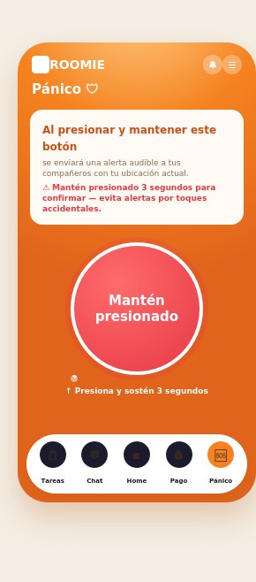 Botón de Pánico de Roomie, con hold-to-confirm